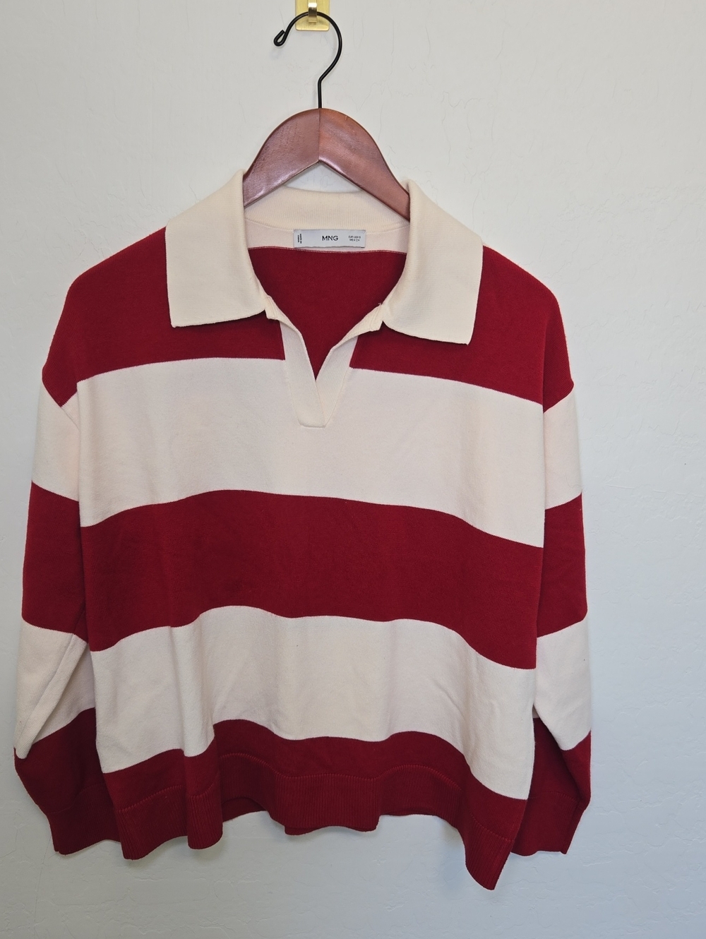 Mango Red & White Striped Polo Collar Relaxed Fit Sweater Size S - Picture 2 of 13